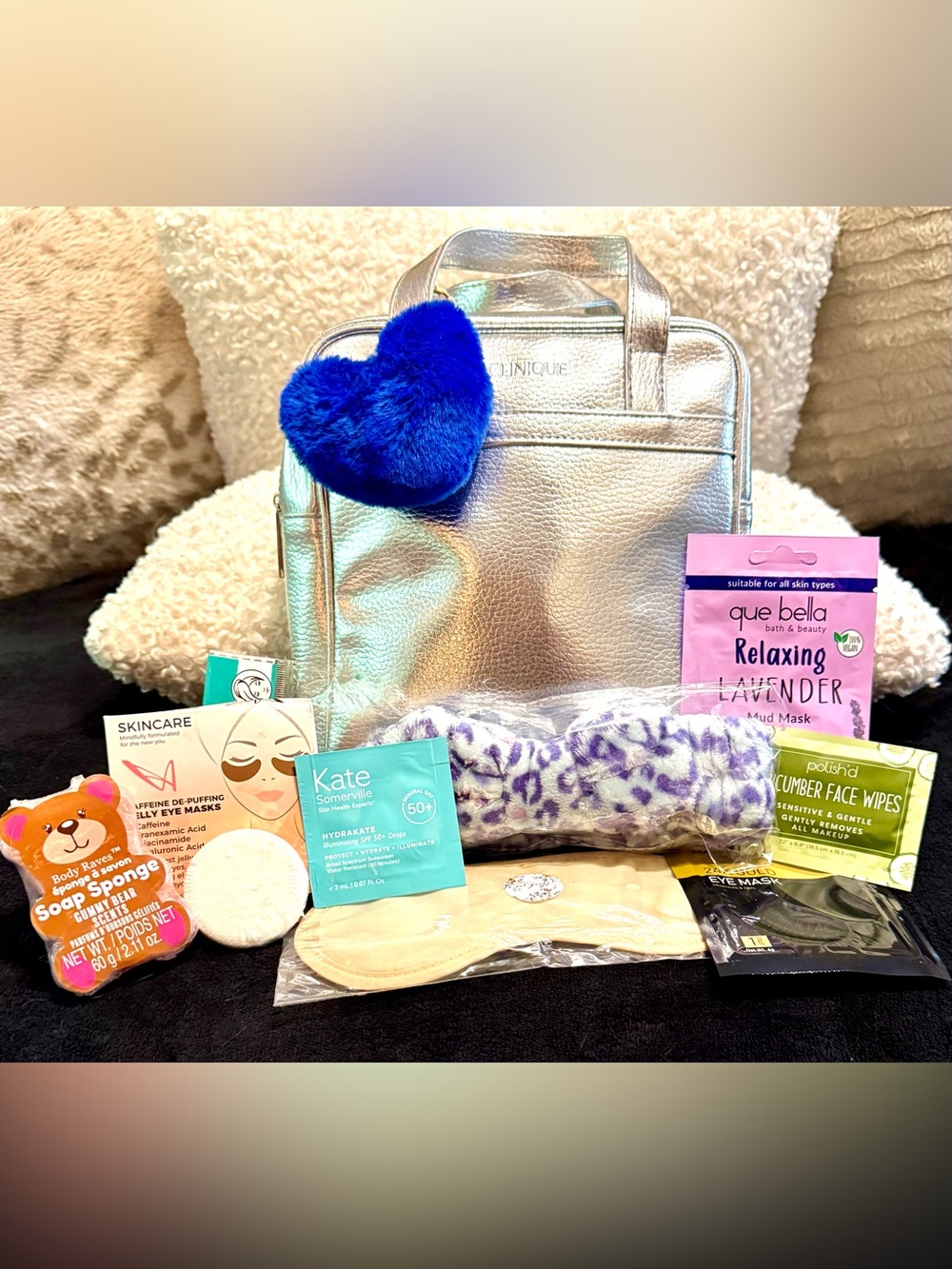Clinique Metallic Silver Cosmetic Bag Bundle 💗